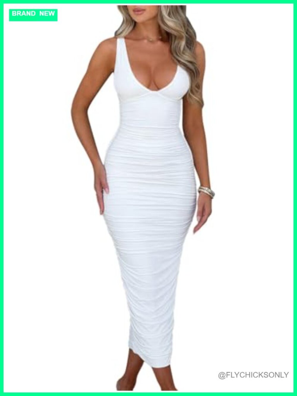 Sexy Ruched Deep V Neck Bodycon Maxi Dress Evening Party Sleeveless